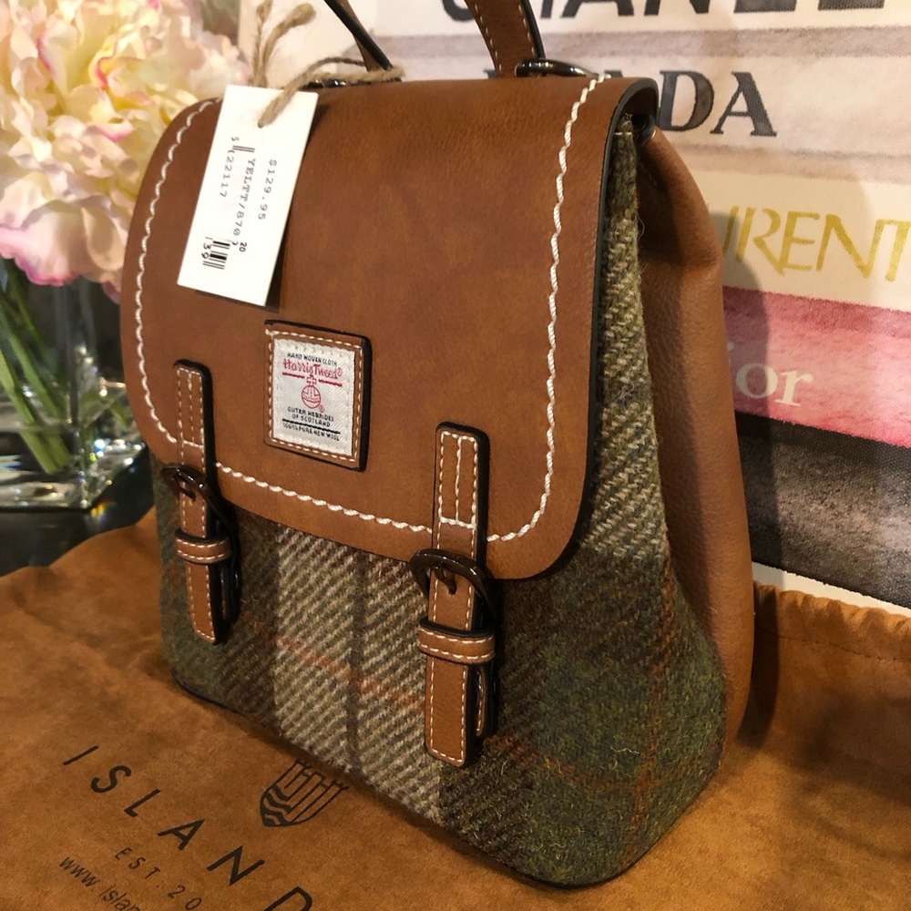 Islander Harris Tweed Mini Backpack NWT in Tartan Green Vegan Leather Bag - Picture 6 of 16